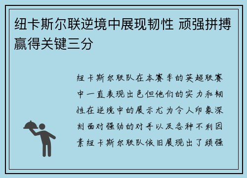 纽卡斯尔联逆境中展现韧性 顽强拼搏赢得关键三分
